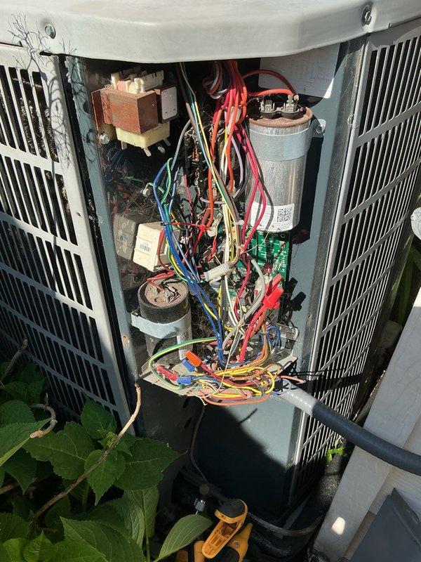 Completed comfort plan clean and check on 16-year-old air conditioning and furnace system. Performed comprehensive inspection of both indoor and outdoor units, including electrical components, control boards, capacitor, and wiring connections. Documented system condition with photos showing FrictionFree Comfort-R branded equipment and internal components. Previously identified heat exchanger issue on furnace requiring replacement estimate; awaiting customer decision on proceeding with repairs given age of equipment and recommendation to schedule work during off-peak cooling season.