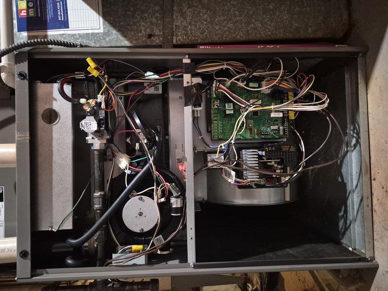 Performed comprehensive clean and check maintenance on single HVAC system per comfort plan agreement. Conducted thorough inspection of furnace control panel, verifying proper operation of gas valve assembly, control boards, and all electrical connections. Inspected pressure switches, condensate drainage tubing, and safety devices for proper function. All wiring harnesses and electronic components found secure and operational. Replaced heavily soiled air filter that showed significant dust and debris accumulation throughout filter media. Verified airflow through system and confirmed all mechanical components operating within normal parameters upon completion of service.