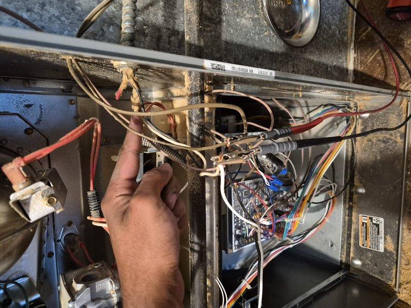 Responded to no heat call on 6-9 year old HVAC system. Upon arrival, confirmed no airflow from furnace despite homeowner replacing blown fuse. Performed diagnostic testing on furnace control board and thermostat wiring connections. Traced low voltage circuit from thermostat through to furnace to identify communication failure between devices. Inspected and tested all wire connections, control board terminals, and transformer output. Identified faulty wiring connection preventing proper signal transmission from thermostat to furnace control board. Repaired wiring connections and verified proper voltage at all terminals. Cycled system through heating and cooling modes to confirm proper operation. System restored to full functionality with adequate airflow in both heating and cooling modes.
