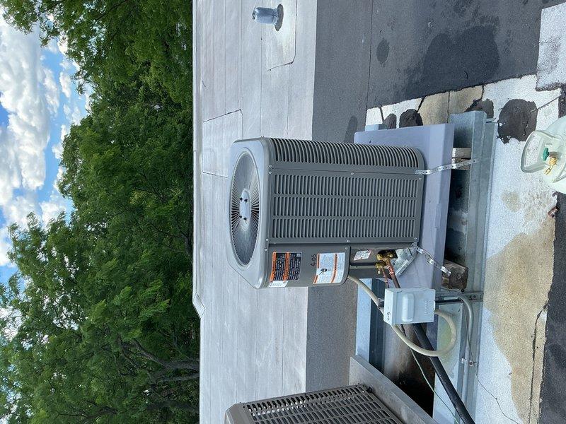 # HVAC Complete System Installation

Successfully completed full HVAC system replacement including removal of existing equipment and installation of new air handler with integrated heat kit and outdoor condensing unit. Installed Ecobee smart thermostat with proper wiring and configuration for system control. All refrigerant lines were properly sized, insulated, and pressure tested. System was charged to manufacturer specifications and tested under full operational load. Verified proper airflow, temperature differential, and system cycling. All electrical connections were made to code with appropriate disconnects installed. Unit positioned on rooftop platform with proper clearances maintained for service access and airflow. System demonstrated proper heating and cooling operation with all safety controls functioning as designed.