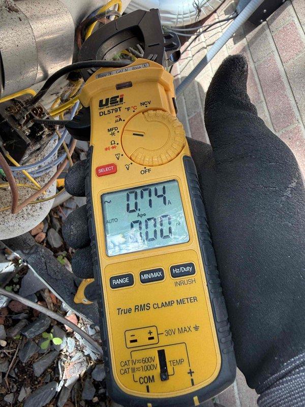 Completed preventative maintenance tune-up on single air conditioning system. Performed electrical diagnostics using clamp meter, recording compressor amp draw of 6.86A and condenser fan motor amp draw of 0.74A, confirming equipment operating within normal parameters. Customer declined comfort plan renewal at time of service.