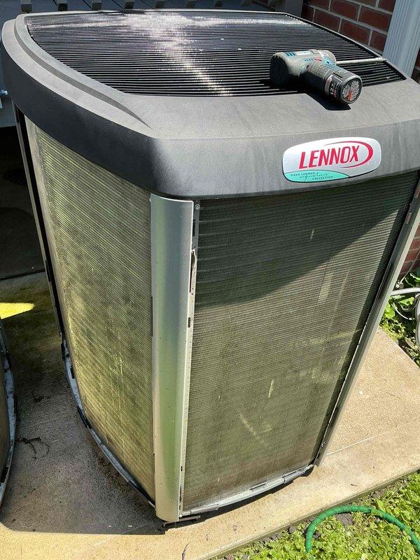 Completed spring preventive maintenance clean and check on two Lennox air conditioning condensing units per service contract plan. Performed comprehensive inspection of both systems including cleaning of condenser coils which showed moderate dirt and biological growth accumulation, verified proper refrigerant pressures and temperatures, inspected electrical connections and components, and confirmed operational functionality of both units. All equipment operating within manufacturer specifications upon completion.