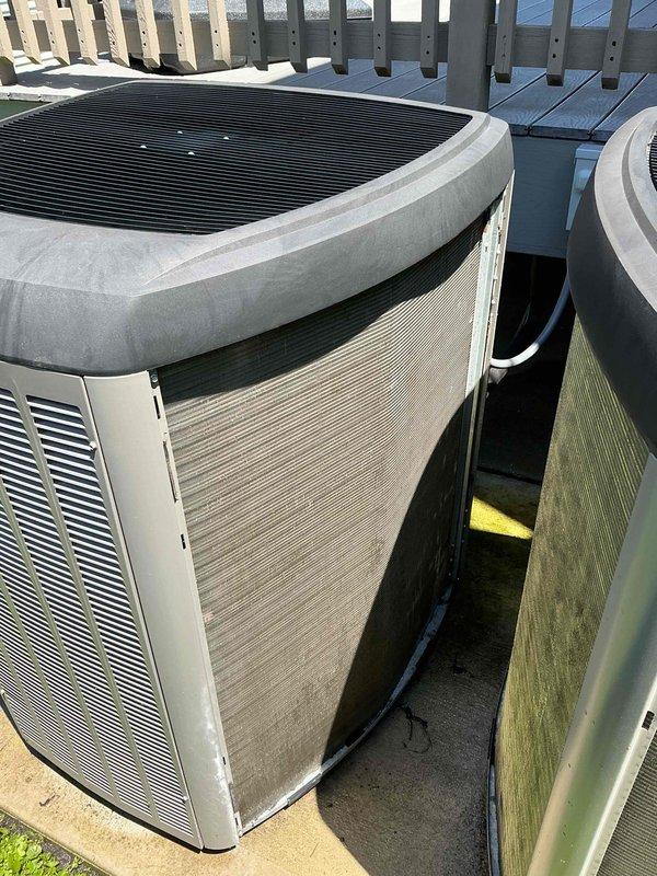 Completed spring preventive maintenance clean and check on two Lennox air conditioning condensing units per service contract plan. Performed comprehensive inspection of both systems including cleaning of condenser coils which showed moderate dirt and biological growth accumulation, verified proper refrigerant pressures and temperatures, inspected electrical connections and components, and confirmed operational functionality of both units. All equipment operating within manufacturer specifications upon completion.