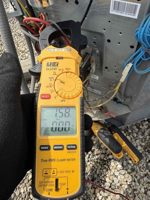 Responded to no cooling complaint on rooftop HVAC unit. Upon arrival, verified thermostat settings, checked air filter condition, and confirmed breaker status. Performed electrical diagnostics using clamp meter to measure voltage and amperage at the unit. Tested system components including compressor, condenser fan motor, and associated electrical connections. Documented equipment information and captured diagnostic readings showing 150V and 1.1A measurements during testing. Inspected capacitor, wiring connections, and control board. Identified issue preventing proper cooling operation and presented repair options with available new customer promotions. Discussed preventative maintenance program benefits for ongoing system reliability.