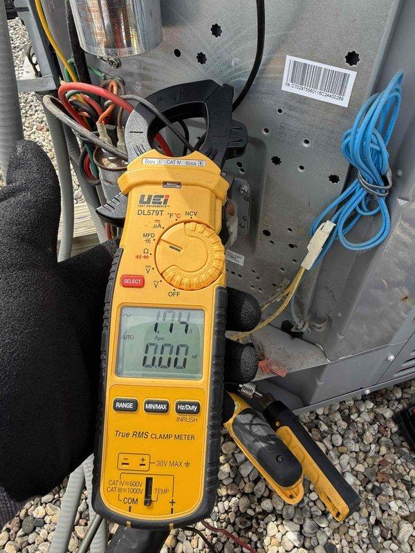 Responded to no cooling complaint on rooftop HVAC unit. Upon arrival, verified thermostat settings, checked air filter condition, and confirmed breaker status. Performed electrical diagnostics using clamp meter to measure voltage and amperage at the unit. Tested system components including compressor, condenser fan motor, and associated electrical connections. Documented equipment information and captured diagnostic readings showing 150V and 1.1A measurements during testing. Inspected capacitor, wiring connections, and control board. Identified issue preventing proper cooling operation and presented repair options with available new customer promotions. Discussed preventative maintenance program benefits for ongoing system reliability.