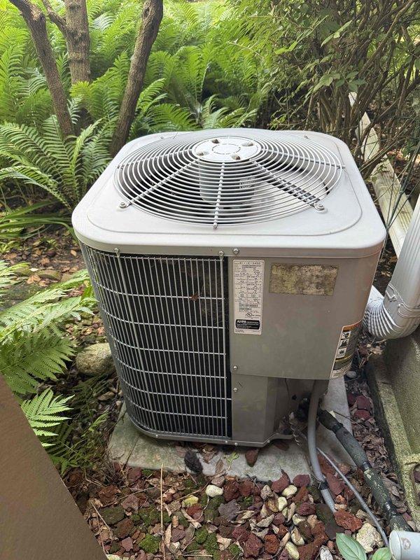 Completed annual air conditioning clean and check maintenance per comfort plan agreement. Performed comprehensive system inspection of outdoor condensing unit, verified proper operation of all components, and recorded temperature readings with digital instrumentation showing supply air temperature of 81.8°F. Unit found in good operating condition with no deficiencies noted during inspection.