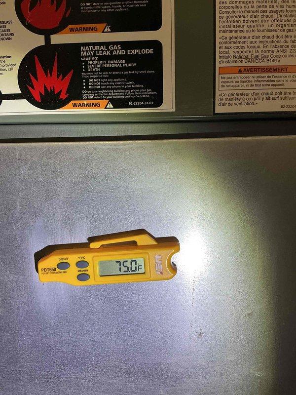 Completed scheduled Comfort Plan clean and check maintenance on single HVAC system. Performed comprehensive inspection of heating equipment, verified temperature readings at 75.0°F, tested electrical components showing 122.1V operation, and documented system conditions with warning labels and safety features intact. All equipment operating within normal parameters with no deficiencies noted.