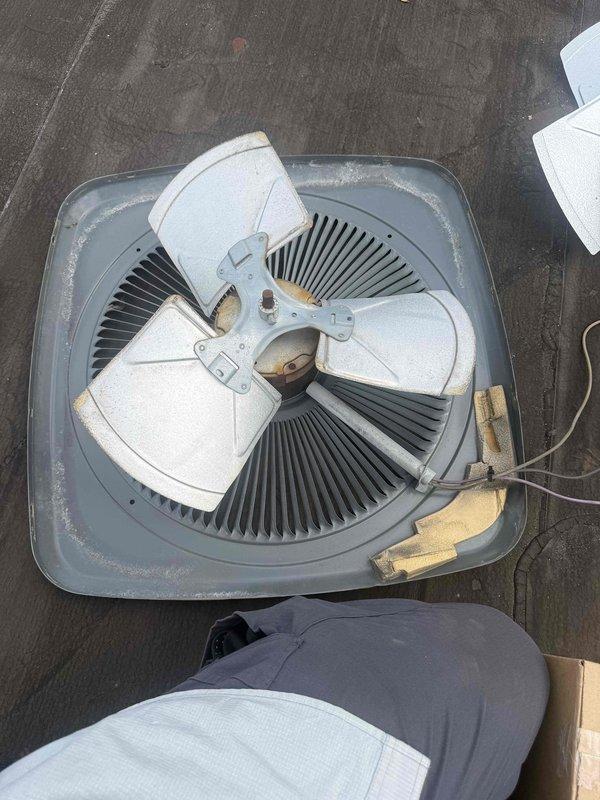 Replaced failed condenser fan motor and blade assembly on rooftop air conditioning unit. Removed old weathered fan components, installed new motor and blade, and restored proper operation to the condenser unit.
