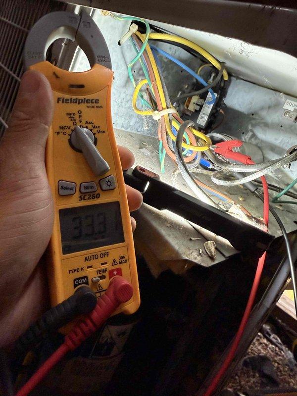 Completed annual air conditioning clean and check per Gold Comfort Plan maintenance agreement. Performed comprehensive system inspection including electrical diagnostics with multimeter to verify proper voltage and amperage readings across all major components. Tested capacitor values, checked all wire connections, and inspected control board and relay operations. System found operating within manufacturer specifications with all electrical components functioning properly.