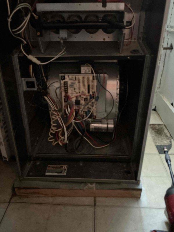 Completed comprehensive tune-up service on single HVAC system for new customer. Performed full inspection of furnace unit with access panel removed, documenting internal components including control board, blower motor, gas valve manifold, electrical connections, and wiring throughout cabinet. Collected all equipment specifications and model information from manufacturer labels for service records.