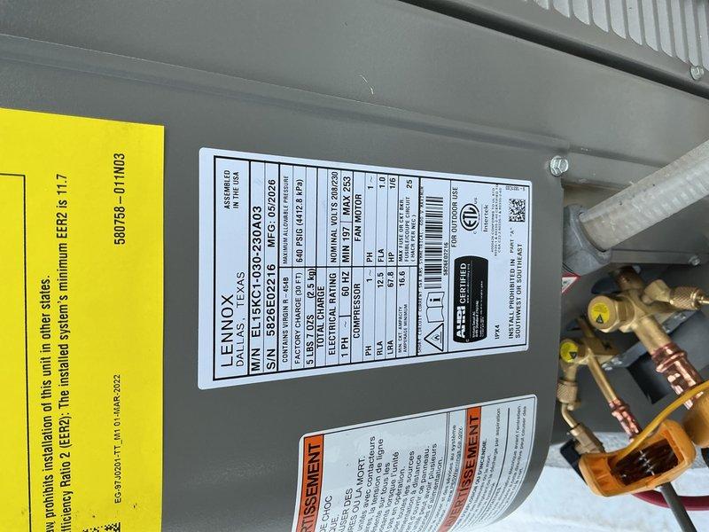Completed full HVAC system replacement including disconnection and proper disposal of existing equipment per EPA guidelines. Installed new Lennox 15 SEER2 EL15KC1-030-230 2.5-ton condensing unit on roof and new ADP 2.5-3.0 ton air handler with hydronic coil in mechanical closet, flushed copper line-set, fabricated necessary sheet metal transitions, connected to existing supply/return ductwork and electrical, installed new Honeywell T4 thermostat, zone valve, and surge protector, performed system startup with final testing and adjustments confirming proper operation.