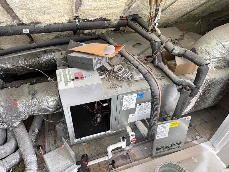 Completed warranty service to replace blower wheel on Unico System air handler. Initial service visit required return trip due to incorrect wheel being brought to site. Proper replacement wheel was installed and system verified operational.