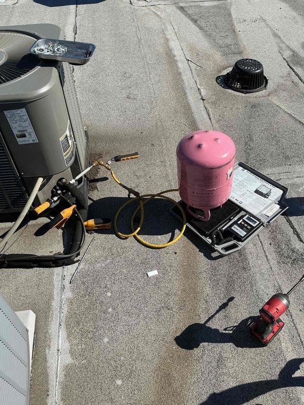 Performed AC system leak seal application using Nu-Calgon EasySeal Ultimate LS/UV sealant on residential air conditioning system. Completed condenser coil cleaning to restore optimal heat transfer efficiency and system performance. Connected refrigerant recovery equipment and gauge manifold set to properly introduce sealant into the system according to manufacturer specifications for the unit tonnage.