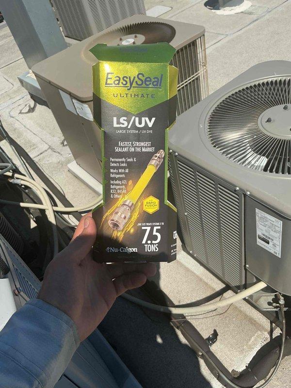 Performed AC system leak seal application using Nu-Calgon EasySeal Ultimate LS/UV sealant on residential air conditioning system. Completed condenser coil cleaning to restore optimal heat transfer efficiency and system performance. Connected refrigerant recovery equipment and gauge manifold set to properly introduce sealant into the system according to manufacturer specifications for the unit tonnage.