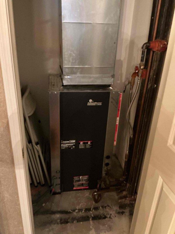 Completed comprehensive Comfort Plan maintenance inspection on three heat pump systems in residential apartment unit. Performed clean and check procedures on all three systems including inspection of indoor air handlers, refrigerant line sets, and thermostat controls. Verified Honeywell Home ProSeries thermostat operation and confirmed proper temperature readings and system response. Inspected furnace units, ductwork connections, and plenum assemblies in mechanical closet. Checked refrigerant lines with insulation for proper installation and condition. All three heat pump systems operating within normal parameters with no immediate service needs identified.