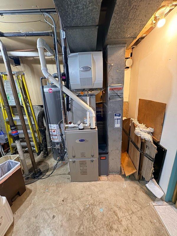 Responded to service call for reported electrical issues with Nest thermostat. Upon arrival, inspected thermostat wiring and connections at wall plate, verifying proper wire placement at Y1, Y2, G, O/B, Rc, W1, W2, AUX, C, and RH terminals. Evaluated thermostat functionality and power supply from HVAC system, checked C-wire connection for adequate 24V power delivery, and assessed overall system communication between thermostat and furnace unit in basement.