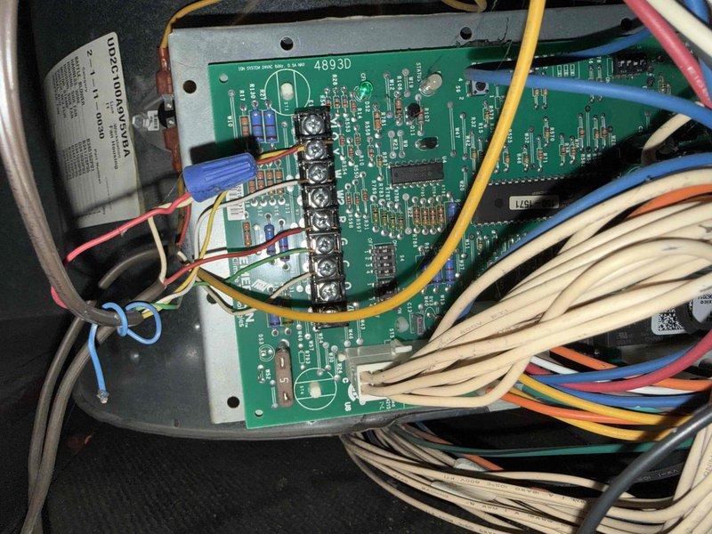 Completed preventative maintenance clean and check on air conditioning system per service comfort plan. Inspected and tested control board 4893D with all wire connections secure and functioning properly. Verified system operation with electrical testing, confirming proper voltage readings at 102.4V and capacitor performance within specifications.