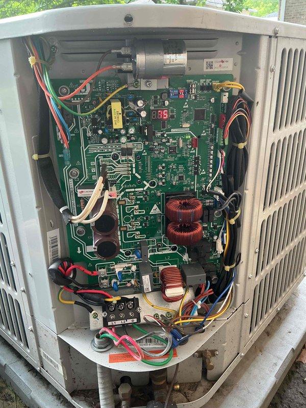 Completed spring preventative maintenance clean and check on outdoor air conditioning unit per Comfort Plan agreement. Performed comprehensive system inspection including electrical components, control board functionality, and refrigerant circuit evaluation. Verified proper operation of compressor, condenser fan motor, and all safety controls. Inspected circuit board with digital LED diagnostics display, confirmed all electronic components including capacitors, inductors, and relays in good working condition. Checked all wire connections and terminal blocks for tightness and proper voltage. Verified indoor thermostat operation showing system maintaining 72°F setpoint with fan set to auto mode. System operating within normal parameters with no deficiencies noted at time of service.