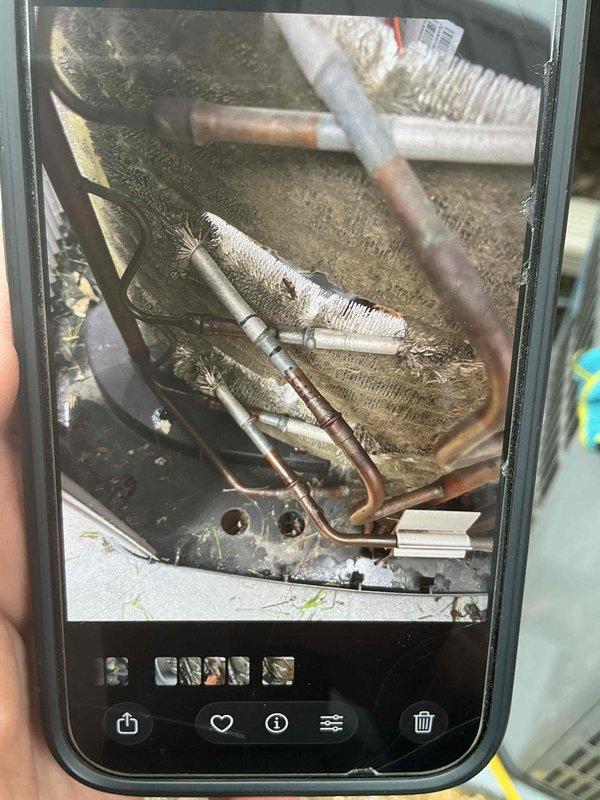 Responded to callback for non-operational air conditioning unit following recent maintenance visit. Upon inspection, found evaporator coil heavily contaminated with dust and debris accumulation affecting system performance. Documented interior cabinet conditions showing compromised airflow through coil assembly and refrigerant line connections requiring attention.