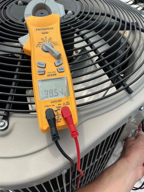 Completed spring preventative maintenance on residential air conditioning system per comfort plan agreement. Performed comprehensive clean and check procedures including air filter inspection, temperature diagnostics, and electrical testing of condenser unit with capacitance readings showing 39.54 MFD. All system components operating within normal parameters with no deficiencies noted at time of service.