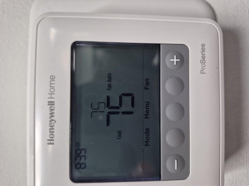 Completed spring preventive maintenance on commercial air conditioning unit per customer care plan. Performed thorough cleaning and inspection of system components, verified thermostat operation showing 75°F setpoint with proper cooling mode functionality. Observed significant frost accumulation on evaporator coil and refrigerant lines during inspection, indicating potential airflow restriction or refrigerant charge issue requiring further diagnostic evaluation.
