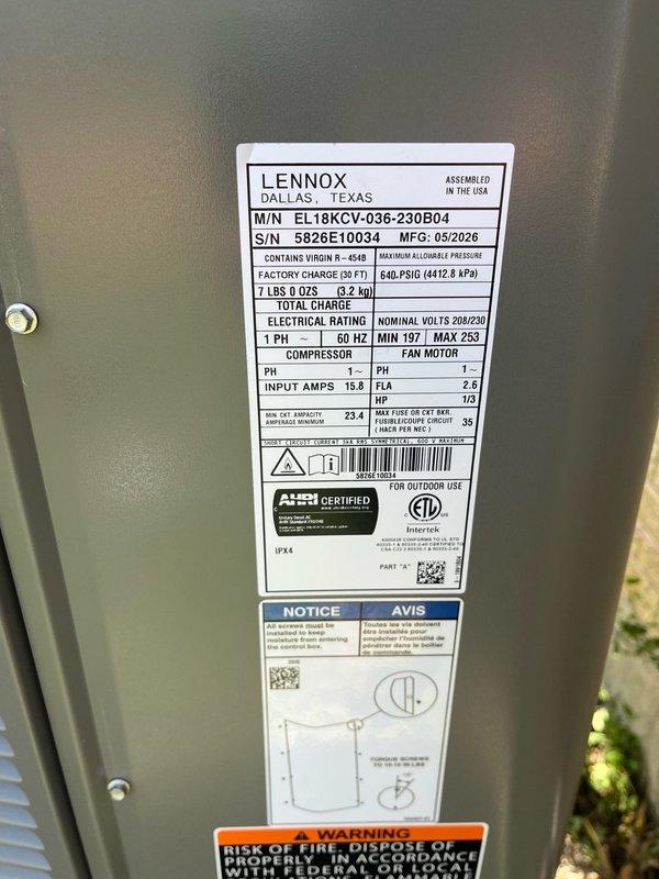 Completed full HVAC system replacement including removal and disposal of existing furnace, A/C condenser, and evaporator coil. Installed new Lennox SL280UH090V36BK 80% efficiency 88,000 BTU two-stage variable speed furnace with connections to existing ductwork, gas line, electrical circuit, and exhaust system. Reclaimed refrigerant from old system and installed new Lennox EL18XCV-036-230B04 18 SEER2 3-ton variable speed A/C condensing unit on leveled pad with pea gravel, along with new evaporator coil. Connected to existing copper refrigerant lines, evacuated system to remove moisture and air, and charged with R454B refrigerant. Installed media cabinet, surge protector, humidifier, and Ecobee thermostat with remote sensor. Performed complete system startup, testing, and safety inspection with all equipment operating within manufacturer specifications. System includes 12-year parts warranty and 12-year extended labor agreement.