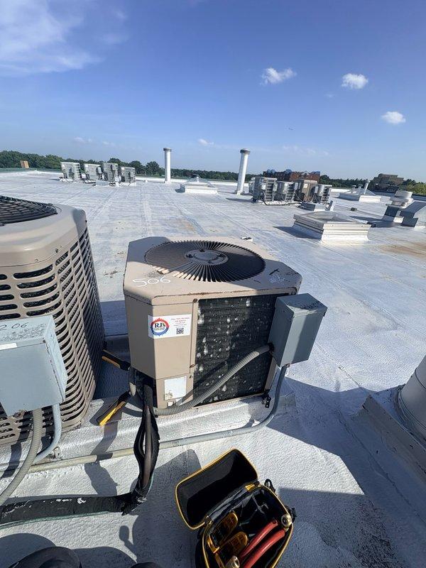 Responded to no cooling call at commercial property. Accessed rooftop HVAC unit and removed access panel to inspect internal components and coil assembly. Checked indoor air handler in attic space and inspected condensate drain system. Photographed equipment conditions and performed diagnostic assessment to determine cause of cooling failure.