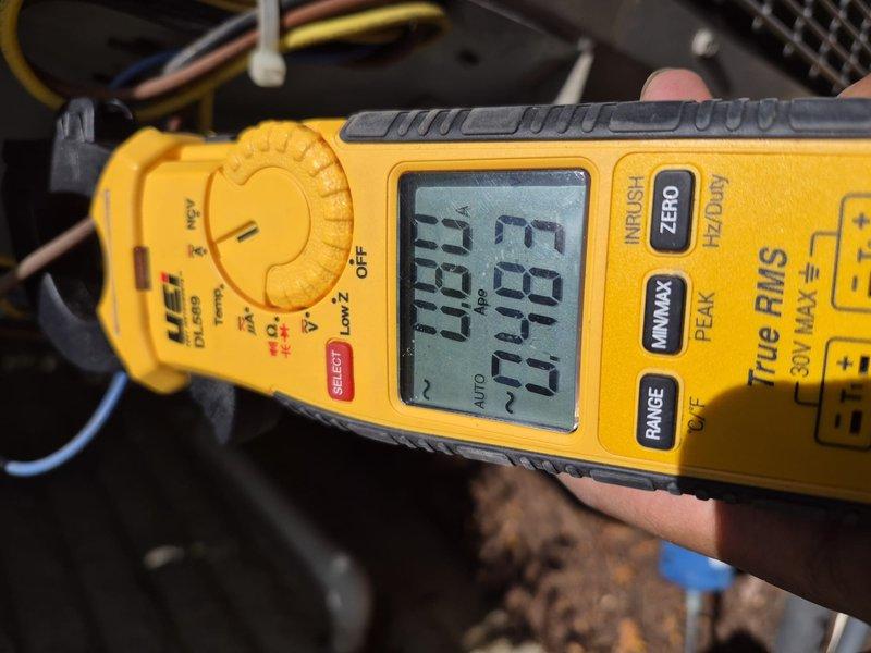 Completed preventive maintenance clean and check on single cooling system. Verified thermostat operation with Honeywell Home unit displaying proper cooling mode functionality at 64°F ambient with setpoint of 51°F. Performed electrical diagnostics using True RMS multimeter to verify system amperage and voltage readings within manufacturer specifications.