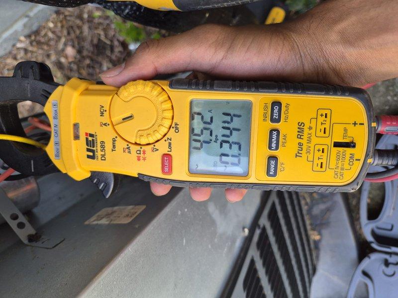 Responded to no cooling complaint on 6-year-old air conditioning system. Performed diagnostic evaluation of outdoor unit including electrical component inspection and amp draw measurements on compressor circuit. Verified proper power supply to contactor and associated wiring connections. Tested system operation and measured current draw to assess compressor performance and overall unit functionality.