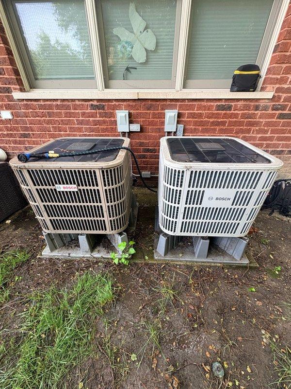 Responded to no-heat service call for residential HVAC system less than five years old. Upon arrival, located Bosch condenser unit and attic-mounted air handler with connected ductwork and PVC condensate line. Performed diagnostic inspection of both indoor and outdoor equipment, verified electrical connections, and assessed system operation to identify cause of heating malfunction.