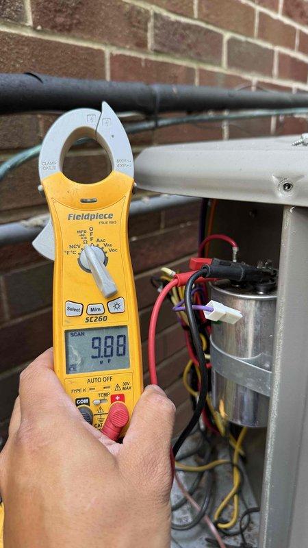 Completed preventative maintenance tune-up on single HVAC system. Performed comprehensive system inspection, recorded temperature readings of 72.3°F, measured electrical current draw at 308 amps using clamp meter, and verified capacitor operation and all electrical connections were secure.