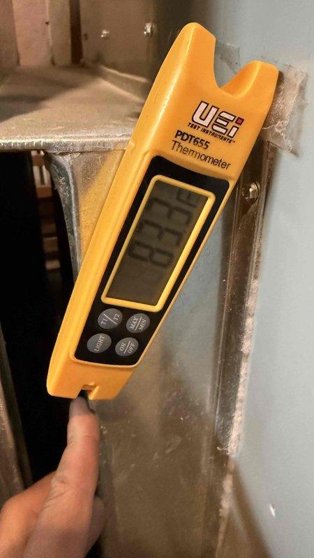 Responded to no cooling call on 2018 Lennox air conditioning system. Upon arrival, performed diagnostic evaluation of system including thermostat settings verification, air filter inspection, electrical breaker check, and temperature measurements at supply ductwork. Documented equipment information and captured photos of furnace installation and diagnostic temperature readings during service call. Discussed available service options and maintenance plan with new customer.