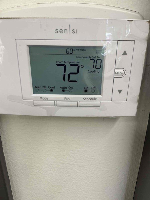 Responded to callback for commercial A/C unit 6216 experiencing repeated restart issues. Upon arrival, inspected the non-Eco thermostat system and replaced dirty air filter with new filter to improve airflow and system performance. Verified Sensi thermostat operation showing 72°F ambient temperature with cooling mode temporarily set to 70°F at 60% humidity. System cycled properly during testing with no immediate restart issues observed at time of service.