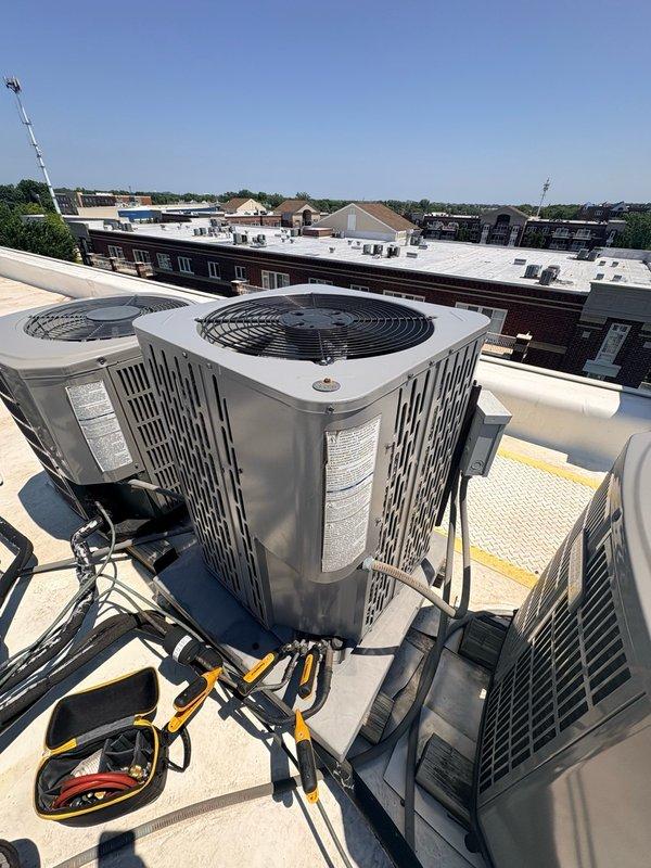 Responded to no cooling complaint on rooftop HVAC unit. Upon arrival, thermostat displayed 79 degrees with system powered off by occupant after previously reading 78 degrees. Performed comprehensive diagnostic evaluation of rooftop package unit including visual inspection of condenser, electrical connections, and control wiring. Verified thermostat programming and settings on Honeywell ProSeries controller. Checked refrigerant pressures, airflow operation, and cycling functionality. Inspected air filter condition and confirmed electrical breakers were properly set. System tested through complete cooling cycle with all components operating within manufacturer specifications. Unit cooling properly at time of inspection with no mechanical failures identified.