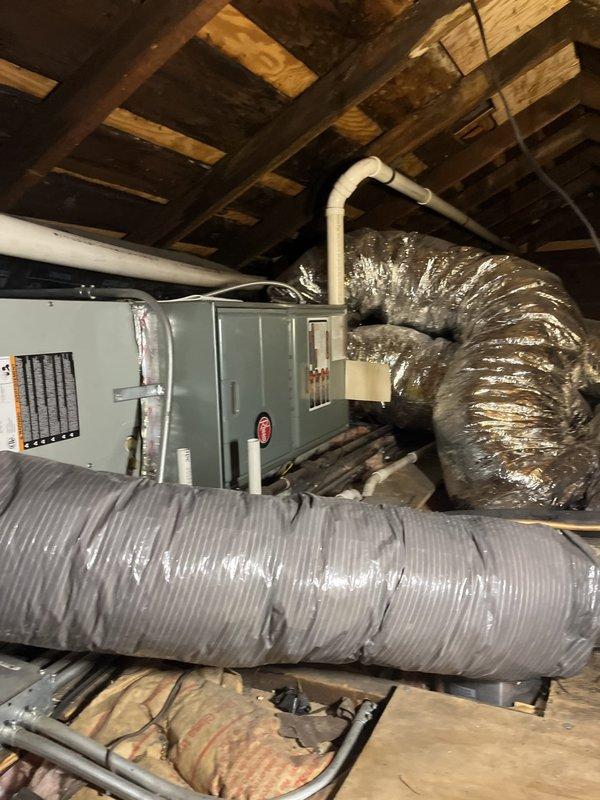Completed comprehensive estimate for complete HVAC system replacement including both air conditioning and furnace units for new customer. Assessment included existing attic-mounted air handler with flexible ductwork distribution system and outdoor condensing unit located beneath deck structure with decorative screening. Provided detailed replacement recommendations and equipment specifications for upgraded heating and cooling system to meet customer's comfort requirements.