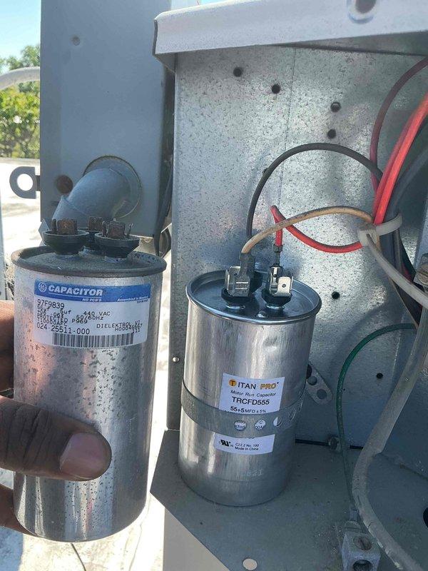 Responded to no cooling complaint on commercial HVAC system. Upon arrival, found system low on refrigerant with suction line temperature reading 82.2°F, indicating insufficient charge. Previous service history from 2022 showed R22 refrigerant and Easy Seal leak sealant were added to system, suggesting recurring refrigerant leak issue. Inspected outdoor condensing unit and electrical components, including dual run capacitors which tested within normal operating range. System requires further leak detection and possible refrigerant recharge, though recurring leak pattern may indicate need for system replacement evaluation per commercial protocol.