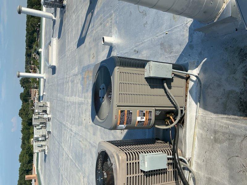 Removed and properly disposed of existing air handler with hydronic coil from mechanical closet and existing rooftop AC condenser per EPA guidelines. Installed new ADP 1.5-2.0 ton air handler with hydronic coil in mechanical closet, fabricating custom sheet metal transitions to connect to existing supply and return ductwork and electrical connections. Installed new Lennox 13 SEER2 ML13KC1-024-230 2.0 ton condensing unit on rooftop in original location, flushed copper line-set, and connected to new evaporator coil. Installed new Honeywell standard thermostat, performed complete system startup, testing, and final adjustments to ensure proper operation.