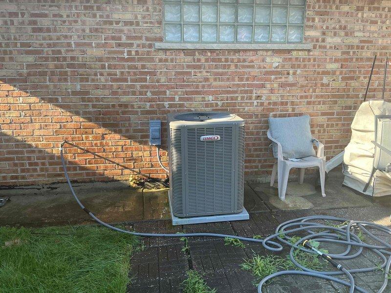 Responded to no cooling call on Lennox outdoor unit less than 10 years old. Upon arrival, verified thermostat settings, checked filter condition, and confirmed breaker status. Measured supply air temperature at return air grille using digital thermometer to establish baseline readings. Inspected outdoor condensing unit on concrete pad, noting unit condition and operational status. Performed system diagnostics to identify root cause of cooling failure. Documented equipment nameplate information and system specifications for service records.