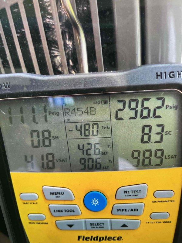 Returned to site to replace defective TXV on high velocity air handler system and restore unit to operational status. Performed system diagnostics using digital gauges, confirming proper refrigerant pressures (296.2 PSIG high side, 111.1 PSIG low side), superheat, and subcooling values post-replacement. Addressed noise concerns by inspecting and optimizing system components, and provided two Unico duct couplings and two dampers for future ductwork expansion as requested.