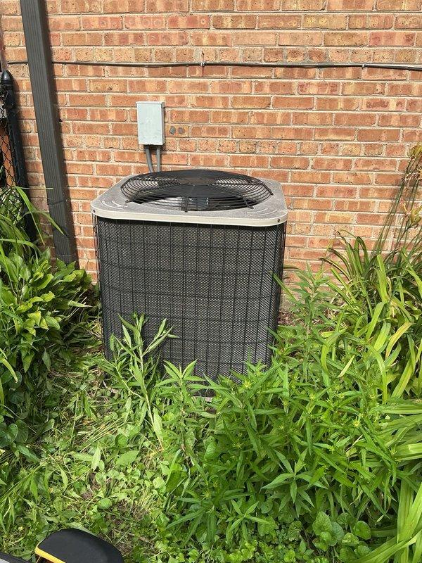 Responded to no-cooling complaint on residential air conditioning system. Upon arrival, found outdoor condenser unit with humming compressor that was not engaging properly. Conducted electrical diagnostics using clamp meter to verify amperage draw and confirm compressor motor failure. Condenser fan motor required manual assistance to start, indicating failed start capacitor or motor bearing failure. Unit showed minimal cooling output despite compressor operation. Diagnosed failed compressor start capacitor as primary issue preventing proper system startup. Cleared excessive vegetation growth around condenser unit that was restricting airflow and contributing to reduced efficiency. Presented repair options for capacitor replacement and recommended evaluation of compressor condition due to age of system and hard-start symptoms.