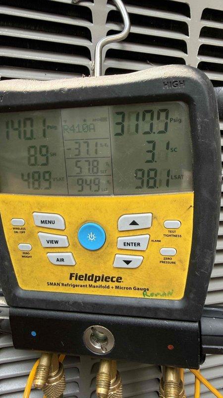 Responded to no cooling complaint on 6-9 year old residential HVAC system. Performed diagnostic testing using refrigerant manifold and digital thermometer to assess system performance. Supply air temperature measured at 58°F, indicating inadequate cooling output. Conducted pressure and temperature analysis across refrigerant circuit, documenting superheat and subcool values to determine root cause of cooling failure. Identified system deficiency and presented repair options to restore proper cooling operation.