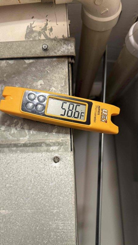 Responded to no cooling complaint on 6-9 year old residential HVAC system. Performed diagnostic testing using refrigerant manifold and digital thermometer to assess system performance. Supply air temperature measured at 58°F, indicating inadequate cooling output. Conducted pressure and temperature analysis across refrigerant circuit, documenting superheat and subcool values to determine root cause of cooling failure. Identified system deficiency and presented repair options to restore proper cooling operation.