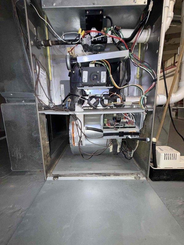 Completed spring maintenance clean and check on a two-system HVAC setup consisting of an outdoor air conditioning unit and an indoor furnace system per the Comfort Plan agreement. Performed comprehensive inspection of the outdoor condensing unit, examining electrical components including the capacitor, contactor, and associated wiring connections. Assessed the condition of the condenser coil and verified proper wire routing through mounting points. Inspected the indoor furnace system, evaluating the blower motor assembly, control board, and all electrical connections throughout the unit. Documented equipment condition through photographic records showing both systems' internal components and overall operational status. All components found operational with normal wear consistent with age and outdoor exposure.