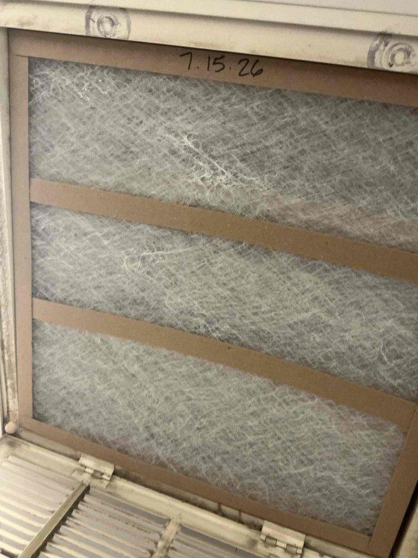 Completed summer filter change service on HVAC system, replacing all filters per specifications: three 20x20x1 filters, one 16x25x1 filter, two 15x20x1 filters, and one 14x25x1 filter. All filters were properly installed in their designated locations within the air handling units, with installation dates marked on filter frames for maintenance tracking. System airflow verified and operational following filter replacement.