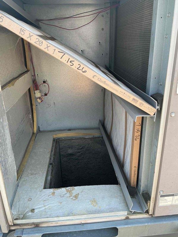 Completed summer filter change service on HVAC system, replacing all filters per specifications: three 20x20x1 filters, one 16x25x1 filter, two 15x20x1 filters, and one 14x25x1 filter. All filters were properly installed in their designated locations within the air handling units, with installation dates marked on filter frames for maintenance tracking. System airflow verified and operational following filter replacement.