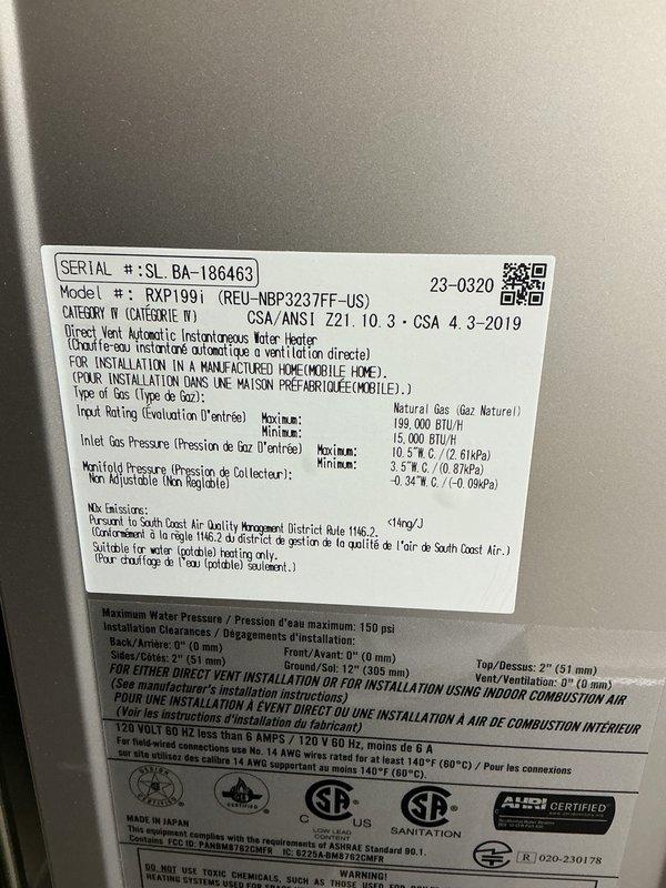 Performed clean and check maintenance service on Rinnai RXP199i tankless water heater system per comfort plan agreement. Inspected unit operation, removed and cleaned mesh intake filter which showed moderate dust and debris accumulation, verified all electrical connections and copper piping integrity, and confirmed unit specifications including 150,000 BTU/h maximum input rating and proper venting clearances.
