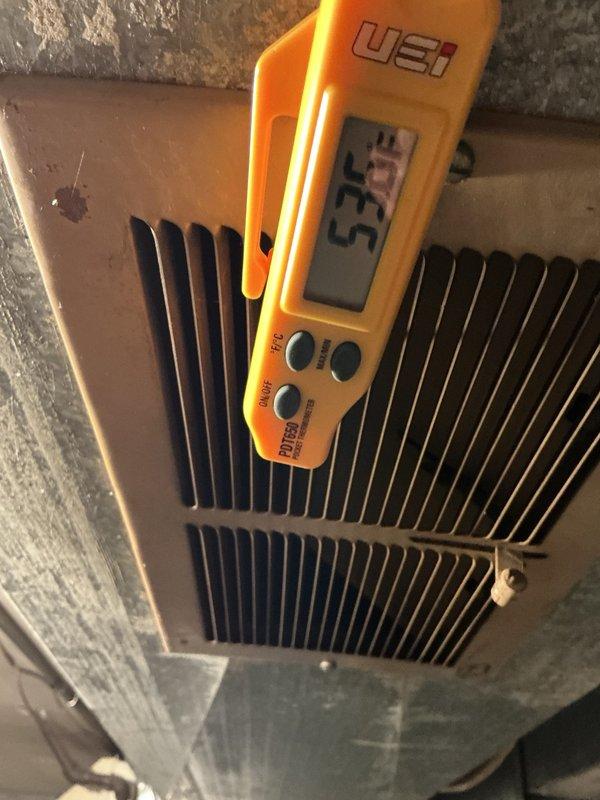 Completed comprehensive clean and check maintenance on air conditioning system per comfort plan agreement. Inspected and measured blower assembly operation, verified proper airflow through evaporator coil, and recorded supply air temperature at 53°F indicating adequate cooling performance. All system components found operating within normal parameters with no deficiencies noted.