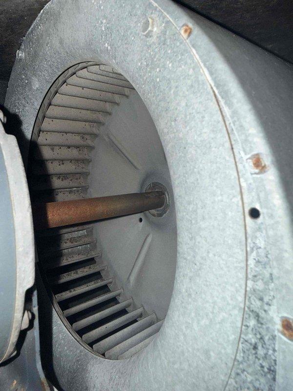 Completed spring maintenance clean and check on single-system air conditioning unit with air handler per comfort plan agreement. Performed comprehensive inspection of blower assembly, evaporator coil, and drainage system; noted rust formation on blower motor shaft and typical dust accumulation on blower wheel and internal components. All mechanical components inspected, system operational upon completion.