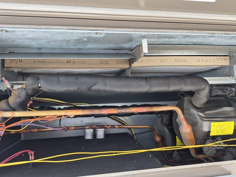 Completed scheduled commercial HVAC maintenance agreement service on rooftop unit, replacing four 20x24x2 filters as part of the summer maintenance cycle. Performed annual evaporator coil cleaning using nitrogen blow-out method to remove debris and ensure optimal heat transfer efficiency.