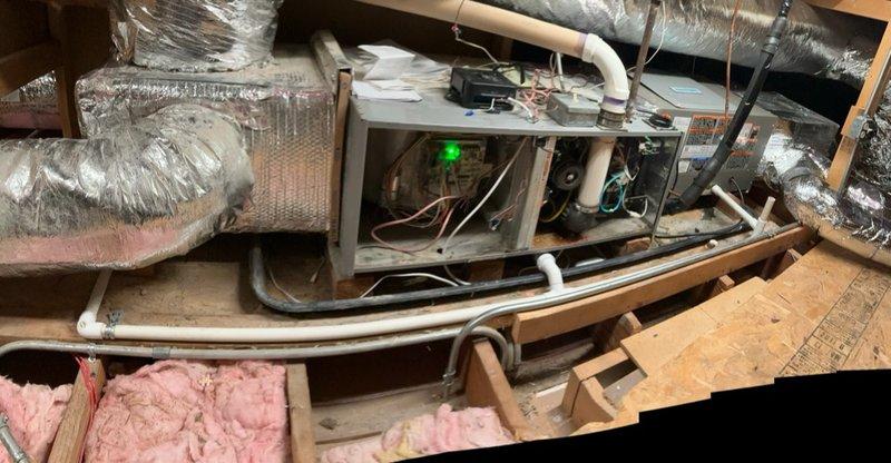 Removed existing humidifier from HVAC system, patched the opening in ductwork, and capped and insulated the water supply line to prevent future issues. Rebuilt and properly secured the PVC condensate drain line where it connects to the main plumbing stack to ensure proper drainage and prevent leaks. Installed WiFi-enabled wet switch for remote monitoring and leak detection, and provided instruction on mobile app operation for system alerts and notifications.